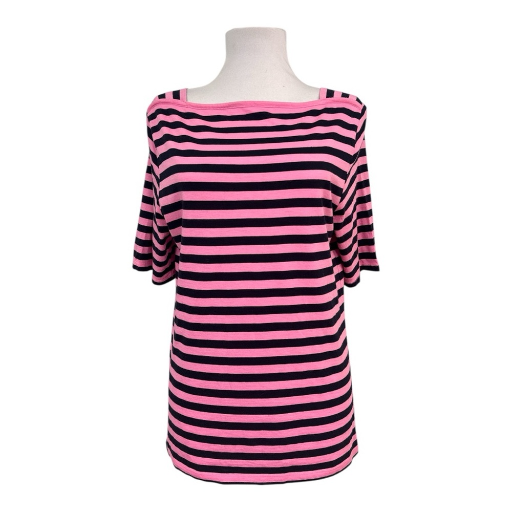 Talbots Large Petite Knit Top Striped Navy Blue Pink Boatneck Square Neck Cotton